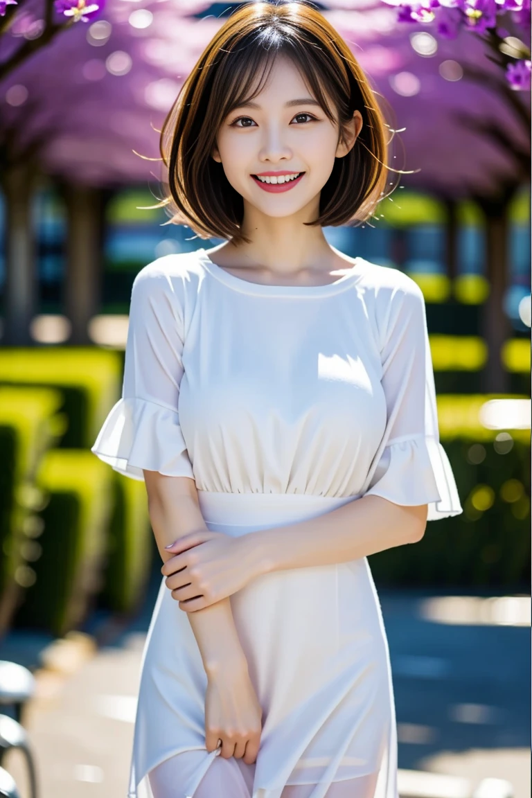 8K、best image quality、smile、masterpiece、spring、short hair、fine eyes、small breasts、A refreshing smile、Female college student、Dimples、New dresses for spring、Clear system、attending university、Ruck sack