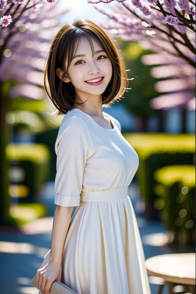 8K、best image quality、smile、masterpiece、spring、short hair、fine eyes、small breasts、A refreshing smile、Female college student、Dimples、New dresses for spring、Clear system、attending university、Ruck sack