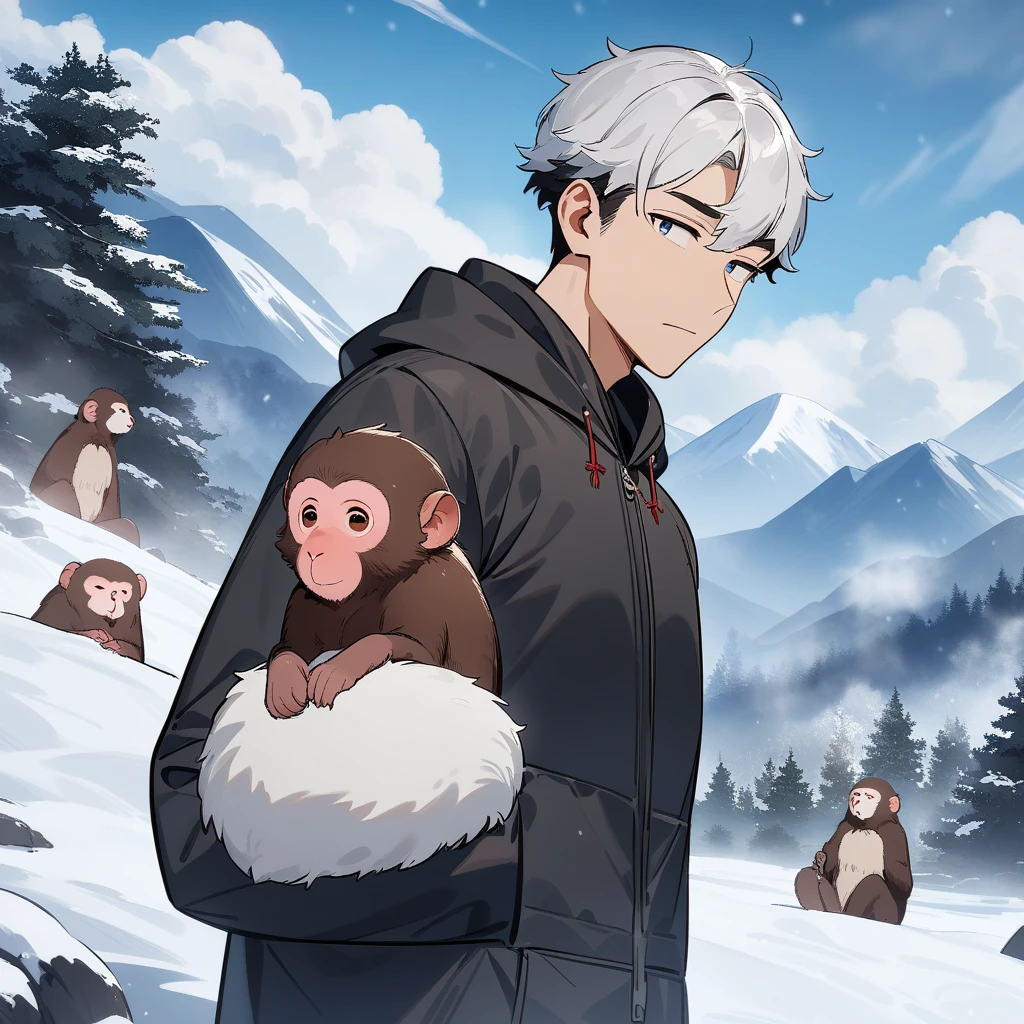 Masterpiece, best quality, very aesthetic, absurdres, create an image of anime male character and landscape in comedy shounen art style. up in the middle of dark high mountain, with blizzard snow and freezing temperatures, there are no shelter to be found. there is only a tiny hot spring available only. our male hero, wearing swimming trunk, and a Japanese macaque, its fur fluffed against the cold, ready to square off, for a dip into the hot spring to keep warm
