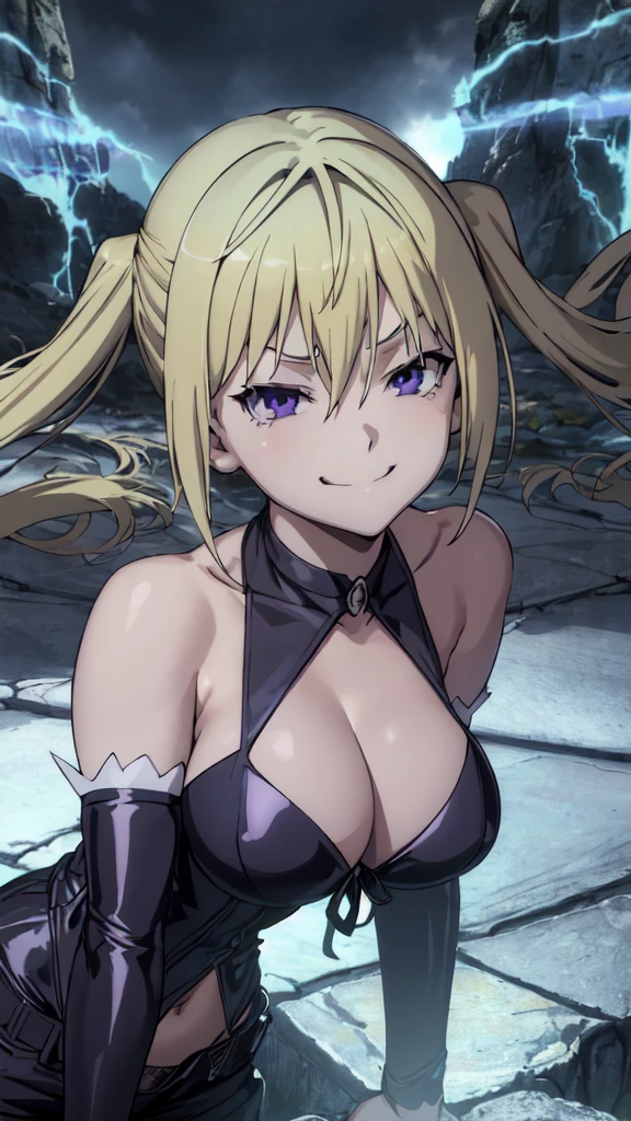 (masterpiece, best quality), 1girl, lieselotte sherlock,high quality, extremely detailed, ,(dark and stormy skies, lightning)(masterpiece:1.0),(Highest_quality:1.0), 超High resolution,4k,Super detailed, 8K, HDR, High resolution, disorganized:1.2, twintail,,looking at viewer,latex,elbow gloves,,, ,official art,short pants,(beautiful_face:1.5),(narrow_waist),,Highly detailed CG Unity 8K wallpaper, perfect lighting,laugh at,too evil smile,too evil smirk,looking down at viewer,upper body,smile bad,deep shaded face,too evil fall,darkness background,deep dark face,