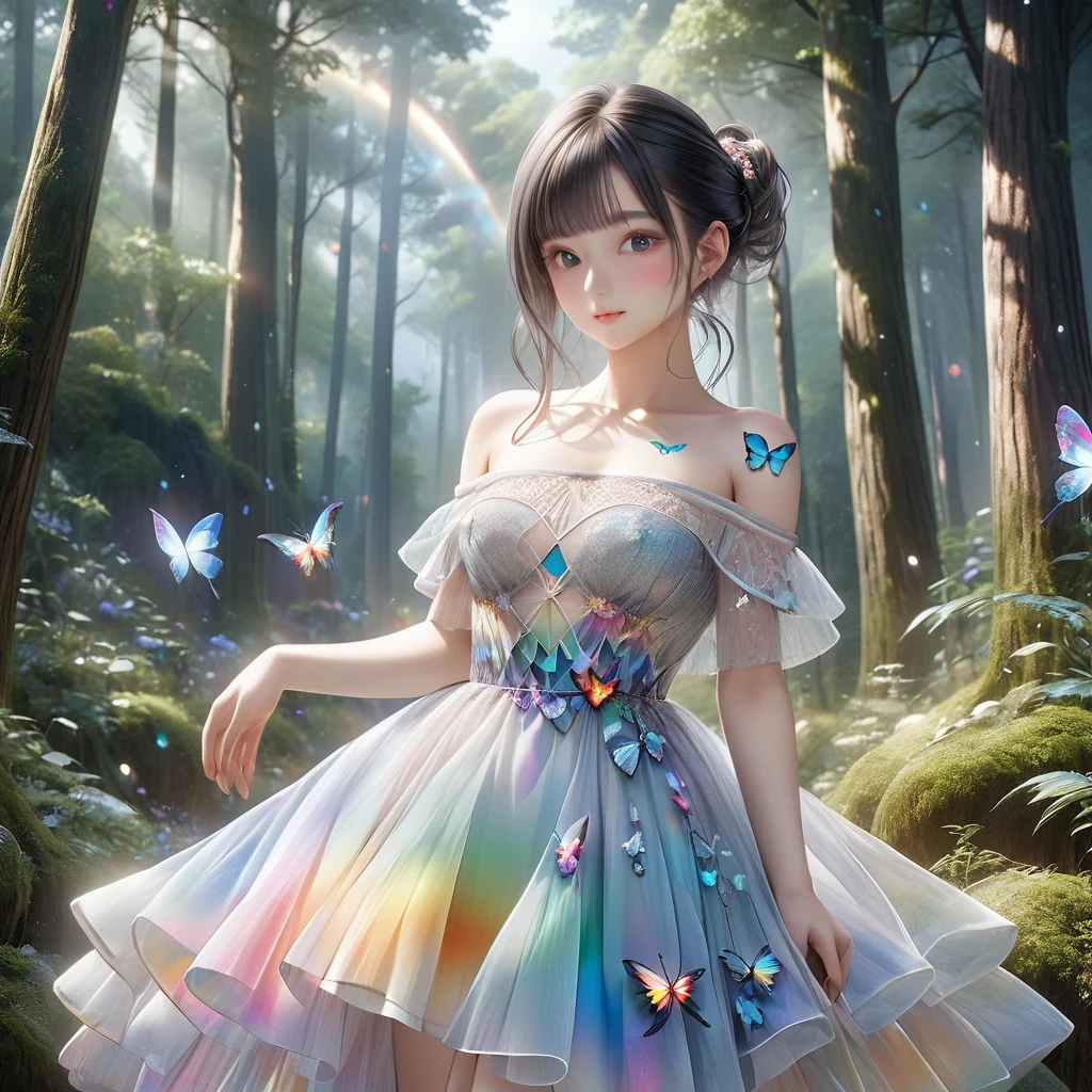 RAW Photos:1.2, masterpiece, Highest quality, 16K, Unbelievably absurd, Very detailed, Perfect beauty, Beautiful cute girl, A sheer dress, Off the shoulder, Strapless, Rainbow gradient, Tattoo butterfly arm, forest,