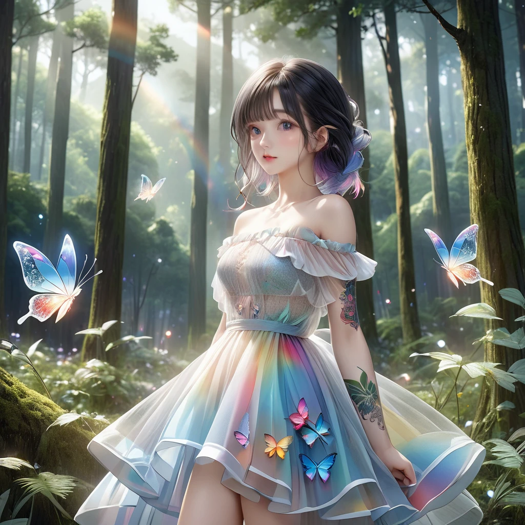 RAW Photos:1.2, masterpiece, Highest quality, 16K, Unbelievably absurd, Very detailed, Perfect beauty, Beautiful cute girl, A sheer dress, Off the shoulder, Strapless, Rainbow gradient, Tattoo butterfly arm, forest,