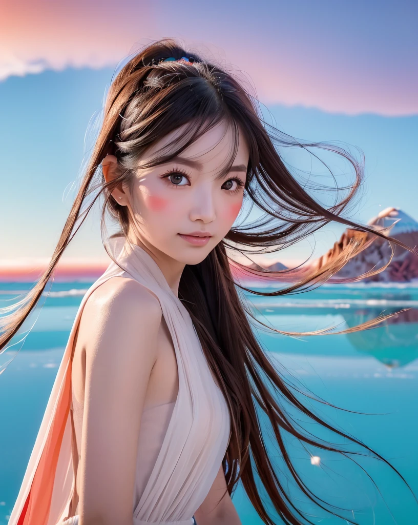 (Highest quality, 32k, High resolution, Masterpiece:1.5), marimo_jet, god々A photograph with brilliant dazzling and healing power., Expressing emotions, Have a rich imagination, Beautiful Japanese Girls, An exceptionally beautiful face, Small Face Beauty, , Perfect Human Anatomy, Magical big eyes, Motherhood and generosity, Deep Love, fleeting smile, Shiny black hair, Beautiful super long hair swaying in the wind, Asymmetrical bangs, Hair between the eyes, Transparent, soft white skin, Sharp eyebrows, Thin lashes, Natural Makeup, Cheek highlighter, Pale pink detailed lips, (Red dress:1.3), ((High resolutionの美しい太もも)), ((Distant Horizon:1.5)), ((Salar de Uyuni stretches to the horizon:1.3)), ((The earth reflects the sky like a mirror:1.3)), Beautiful detailed blue sky, Professional photographer, Professional Lighting, Professional models
