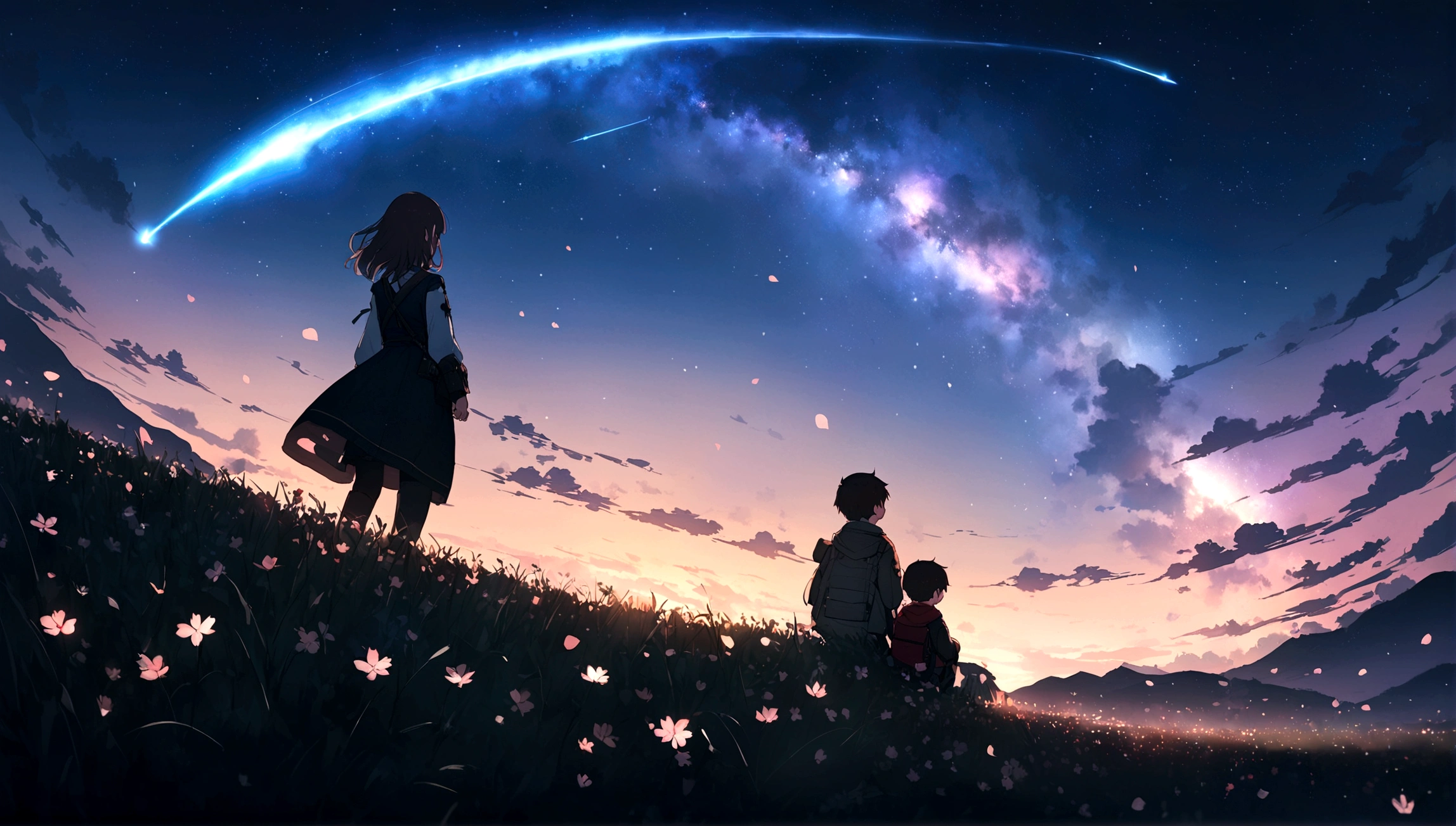 High resolution、Super detailed、City of night、The sky is wonderful、meteor、3 year old little boy sitting on top of a building、Brown Hair、Back view、The city is bright with streetlights、Highest quality、Anime Scenery、Xin Haichen、building、Field、Milky Way 110207, distant 3 year old little boy staring at the，（Zoom out：1.1），（meteor：1.2）、（comet：1.1，yourname、Low Angle、From behind、Alola、shooting star、cherry blossoms、Standing in the Field、Highest quality、masterpiece、cloud、colorful、Starry Sky、