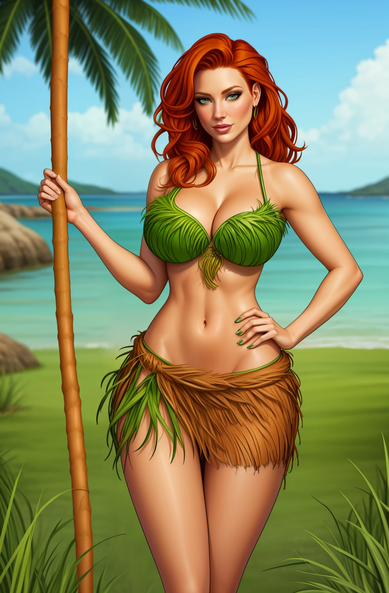 Jennifer Korbin wearing a grass skirt, ginger hair