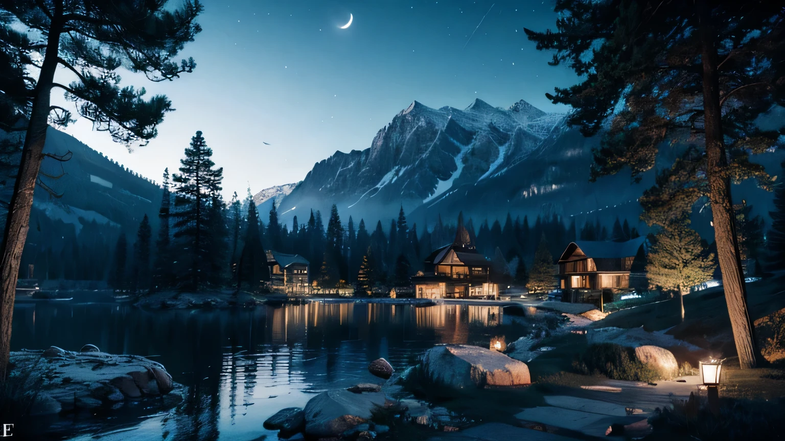 Full moon night, Mountain, waterfall, summer, forest.
