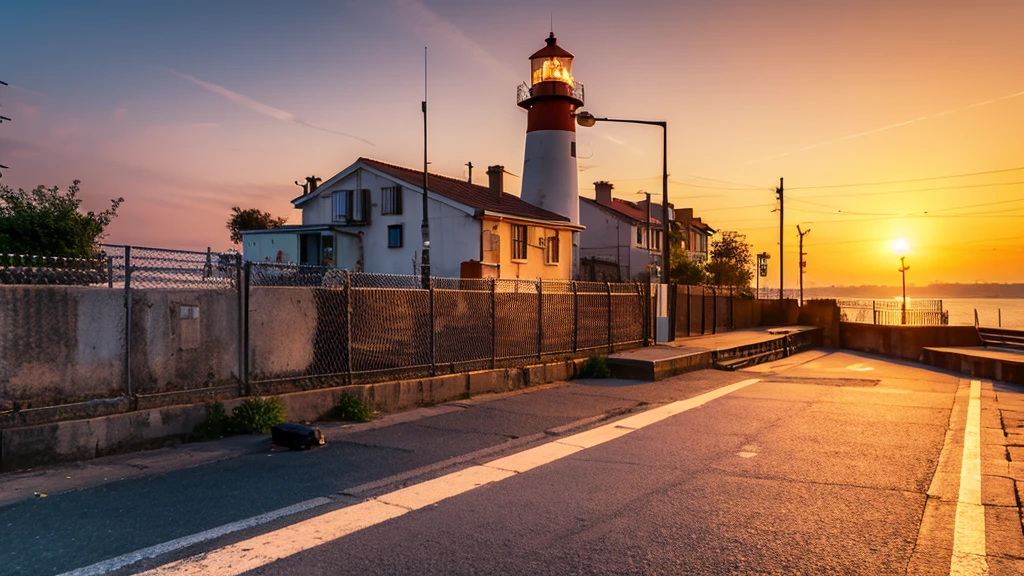 sunset,Fishing port,Lighthouse,Sidewalk,fencing