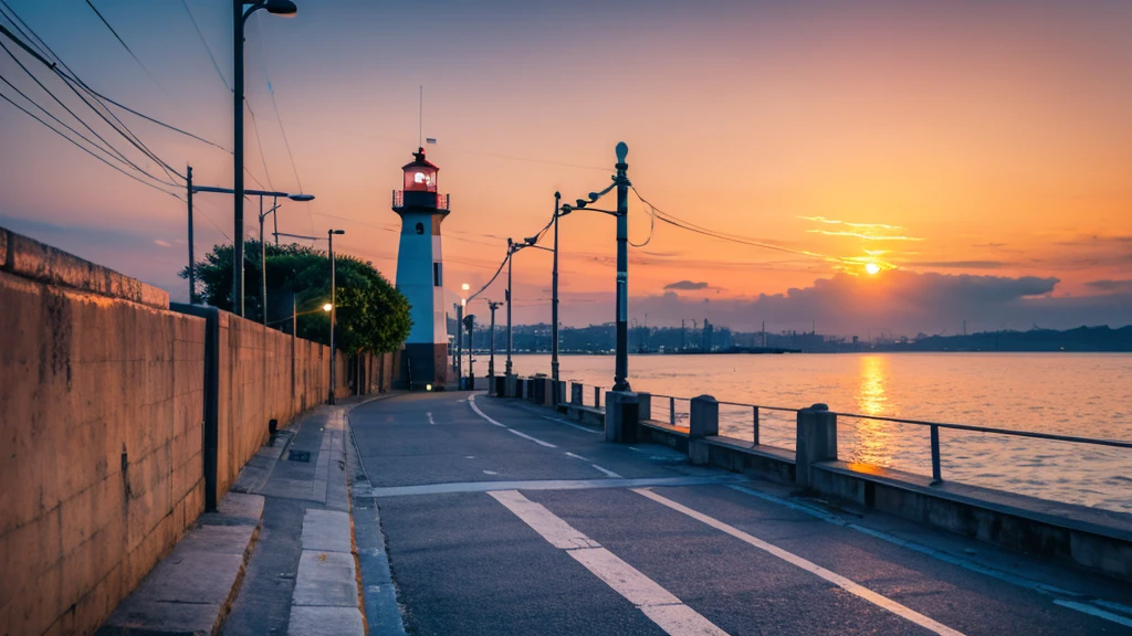 sunset,Fishing port,Lighthouse,Sidewalk,fencing