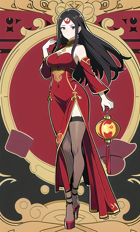 ((masterpiece、Highest quality、8K))、One beautiful woman、whole body、Are standing、Asian Woman、Red Chinese Dress、sexy、Black Hair、semi-long、Fishnet tights、Forehead、High heels