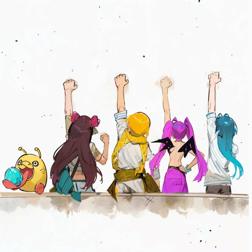 Manga illustrations Raise your fist Back view fellow Raise your arms cool Departure pirate men and women Background white