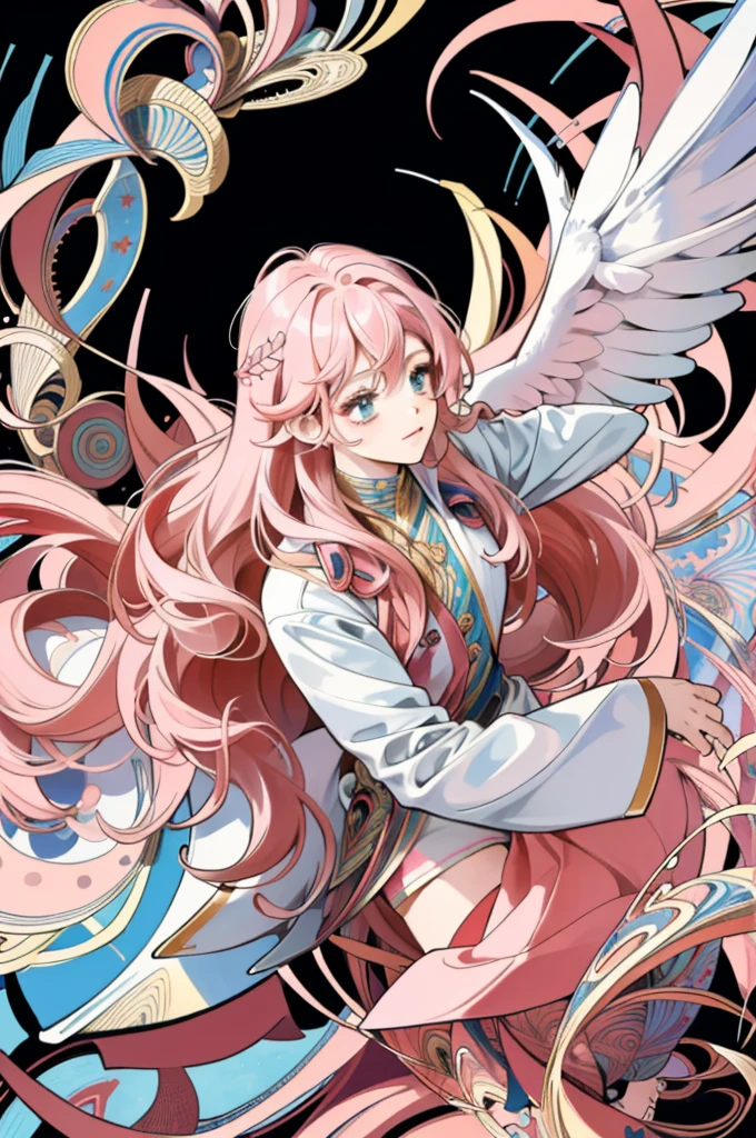 ((masterpiece:1.2, best quality)), ultra detailed, Ultra-precise depiction, Ultra-detailed depiction, (zentangle:1.2), (dynamic pose), (abstract background:1.5), wavy long hair, pink hair, 1girl, colorful, portrait, (from above:1.2)