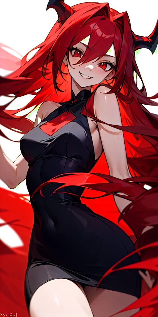 (masterpiece, best quality) 1girl of 20 years old with red long hair, ruby eyes wearing an black dress having a devilish smile