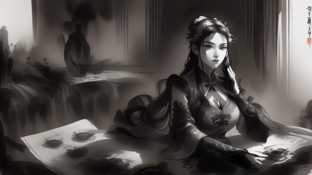 black and white tones:1.3, masterpiece, best quality, tradition chinese ink watercolor paintings:1.2, use thick and light inks to create light and dark changes and layers, a beautiful 20s russian model, ultra detailed face
