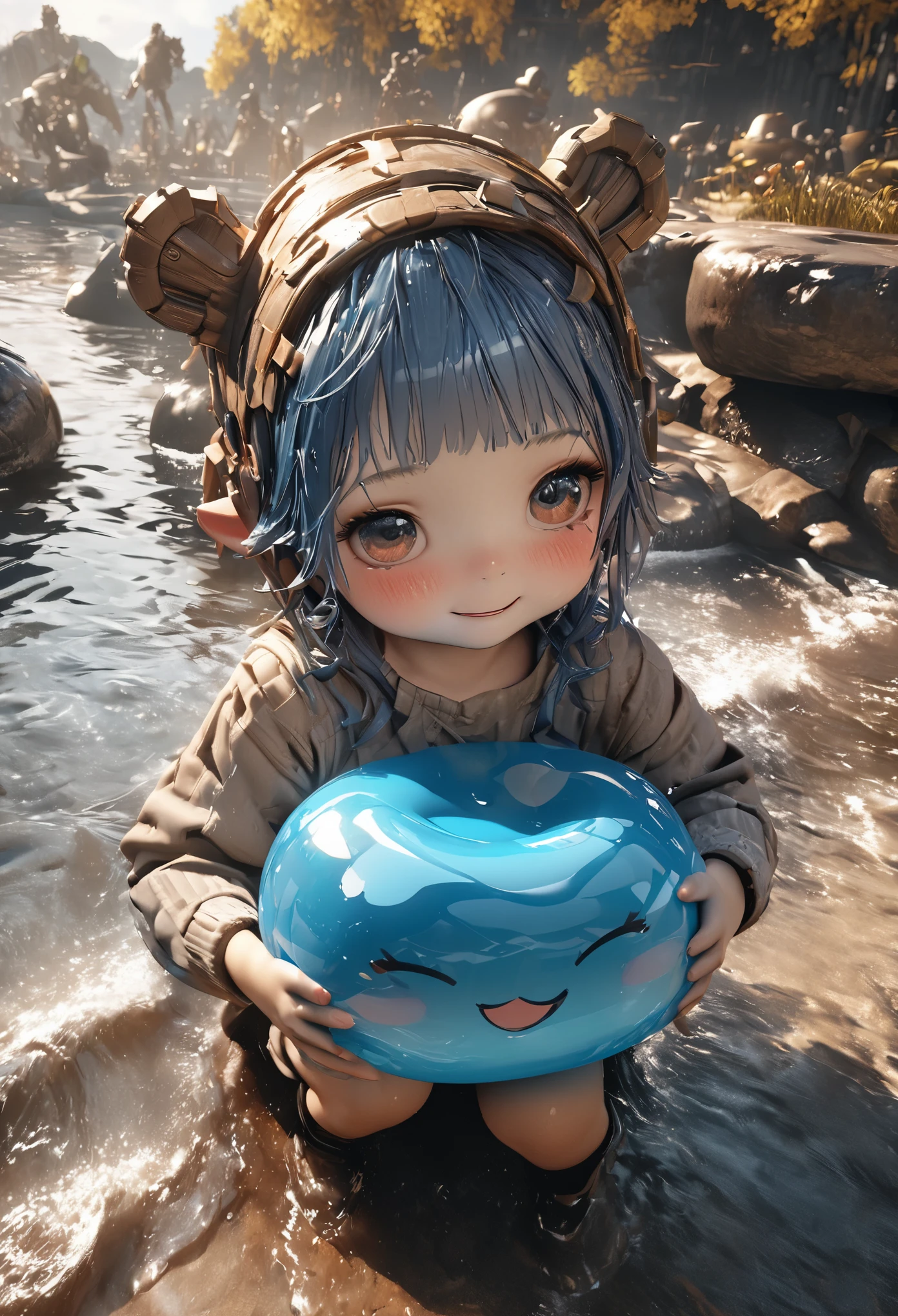(((masterpiece))), (highest quality), (Ultra-high resolution), (best quality), (ultra detail), Colorful slime、Cute expression、Little boy with blue hair、In the great outdoors、Cool illustrations、Realistic representation of water、Octane Rendering Style、3D Art