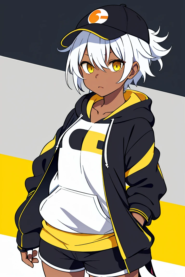 tsunako, 1girl, tomboy, hat, pixie cut, dark skin female, flat chest, shirt, open hoodie, shorts, fingerless gloves, white hair, two tone hair, yellow eyes