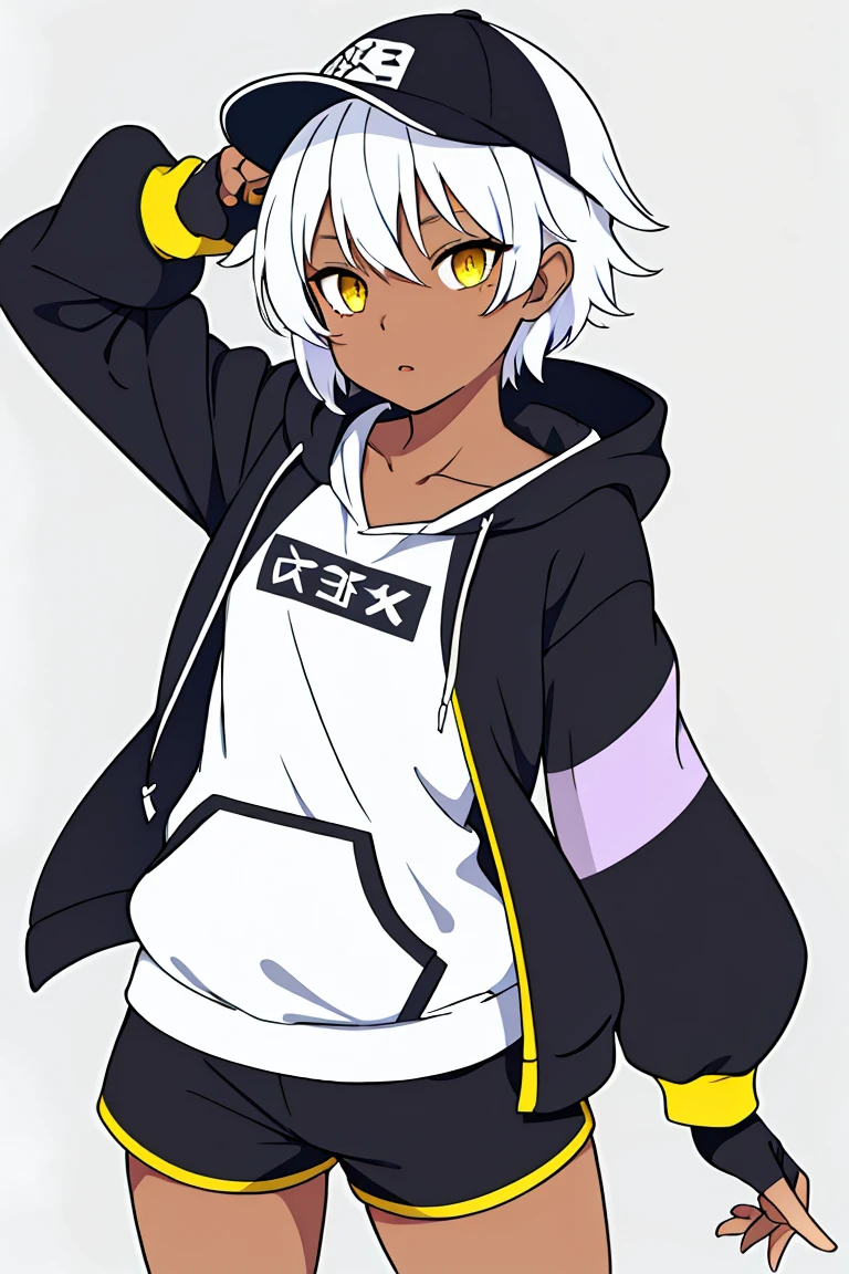 tsunako, 1girl, tomboy, hat, pixie cut, dark skin female, flat chest, shirt, open hoodie, shorts, fingerless gloves, white hair, two tone hair, yellow eyes