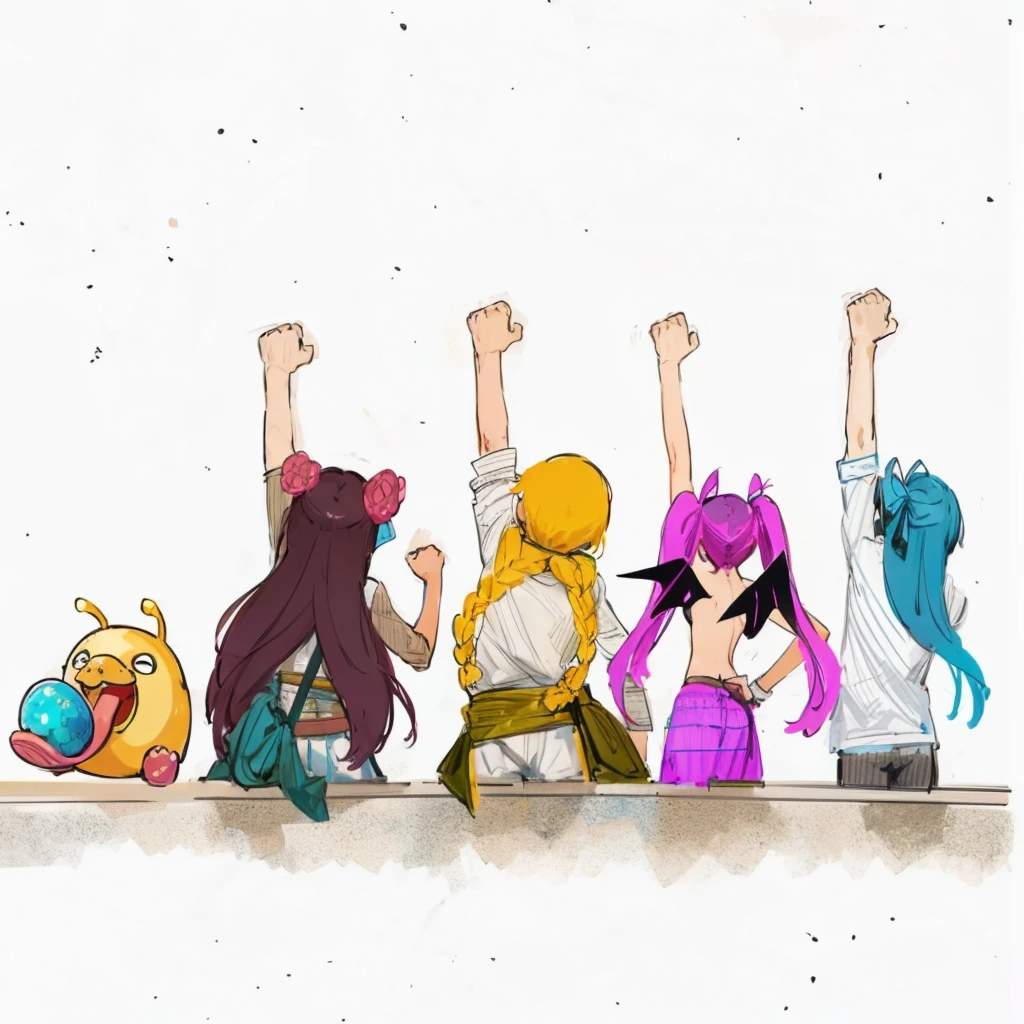 Manga illustrations Raise your fist Back view fellow Raise your arms cool Departure pirate men and women Background white