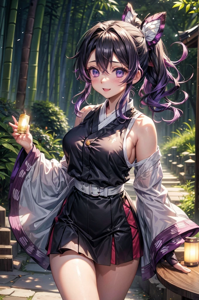 Solo, Kocho Shinobu, Shinobu Kocho \(Demon Slayer\), Tied-Up Hair in a Messy Bun, Black Wavy Hair, Purple Hair Tips, Lightless Eyes, Lavender-Black Coloured Eyes, Busty Chest, Large Breast Size, Wide Hips, Thick Thighs, Demon Slayer Uniform, Butterfly-Patterned Kimono, Katana on Hip, Friendly Smile, Soft Blush, Waving at Camera, Standing in Dimly Lit Tori Gate Path, Bamboo Forest, Lanterns on Ground, Beautiful Lighting, Perfect Anatomy, Perfect Hands, Masterpiece, 4K Resolution