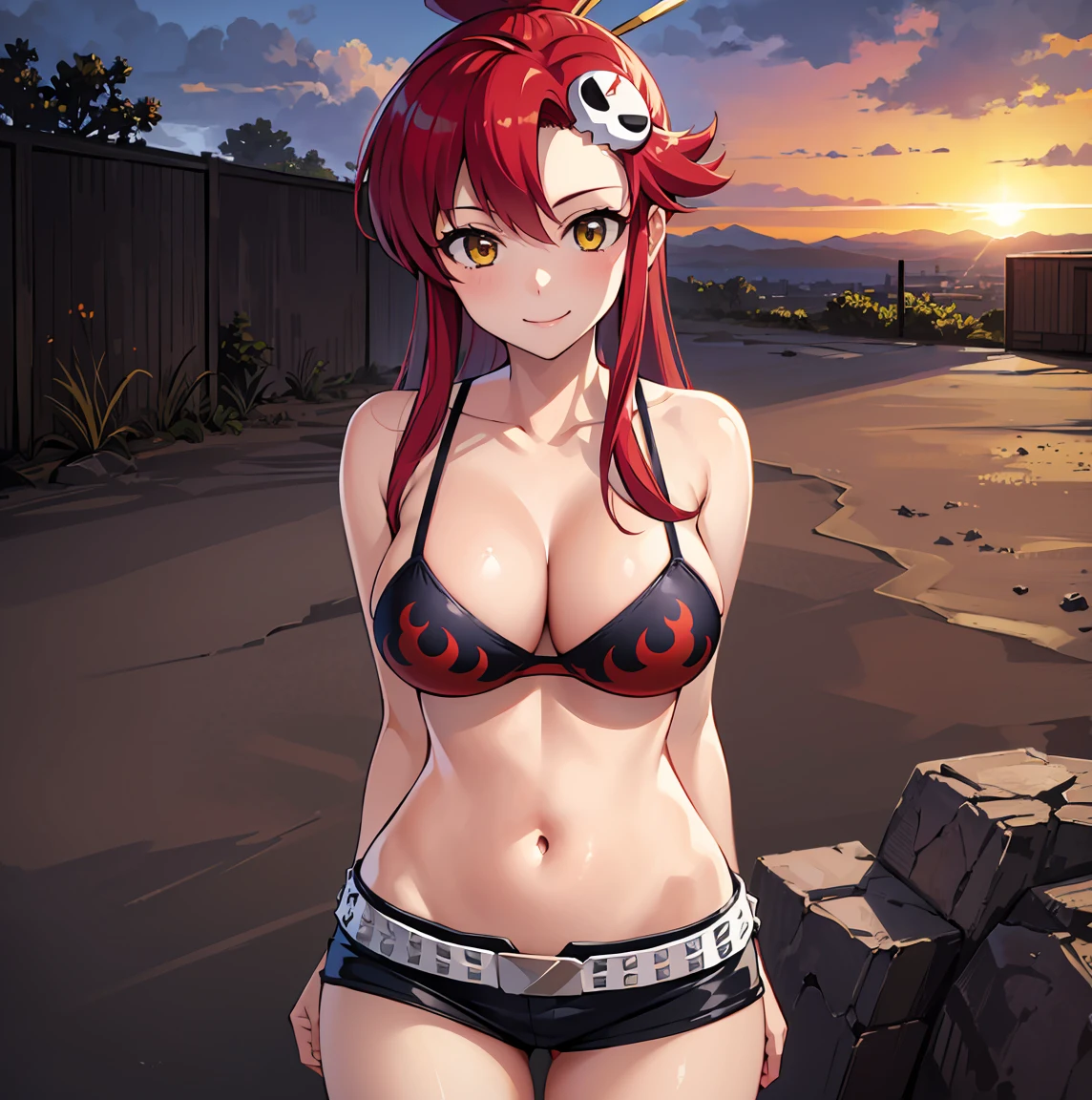 ((1 girl)), ((alone)),yoko littner, ((Extremely detailed CG unity 4k wallpaper)), (Masterpiece), (ultra quality), (Ultra detailed), (best illustration), ( best shadow ), (extremely detailed), looking at viewer, (absurdities), (detailed background), curvy body, dynamic pose, cowboy photo, large breasts, medium waist, wide hips, medium thighs, round butt,(( hair ornament, skull ornament, long hair, ponytail, red hair, long hair, yellow eyes, smile, closed mouth), anti-material rifle, ((underwear, shorts, panties, open fly: 1.2, ribbon , navel, camisole, black camisole:1.4, neckline:1.3, smile, bow panties:1.2, midriff, unbuttoned, denim shorts:1.4, open shorts, denim, session, unbuttoned:1.2)), seductive, standing, photo cowboy, backlight, ((solo)), ((Standing: 1.4, deserted wasteland, apocalyptic landscape, sunny, clouds, (sexy smile, sexy pose: 1.4), Arms crossed, arms under breasts, )), looking forward, ((focus on breasts)), pov: (from above ), perfect anatomy, perfect hands