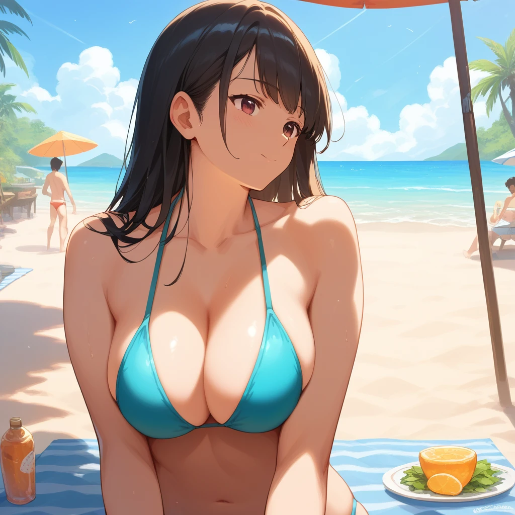 (score_9,score_8_up,score_7_up,score_6_up),masterpiece,best quality, source anime, rating_explicit, (((masterpiece))), (((best quality))), ((ultra-detailed)), ((illustration)), (1girl), (beautiful Japanese woman), (long black hair), (brown eyes), (beach background), (wearing traditional bikini), (detailed face), (perfect anatomy), (detailed lighting front), (serene expression), (minimalist style),(cleavage:1.1), golden hour, (high contrast)