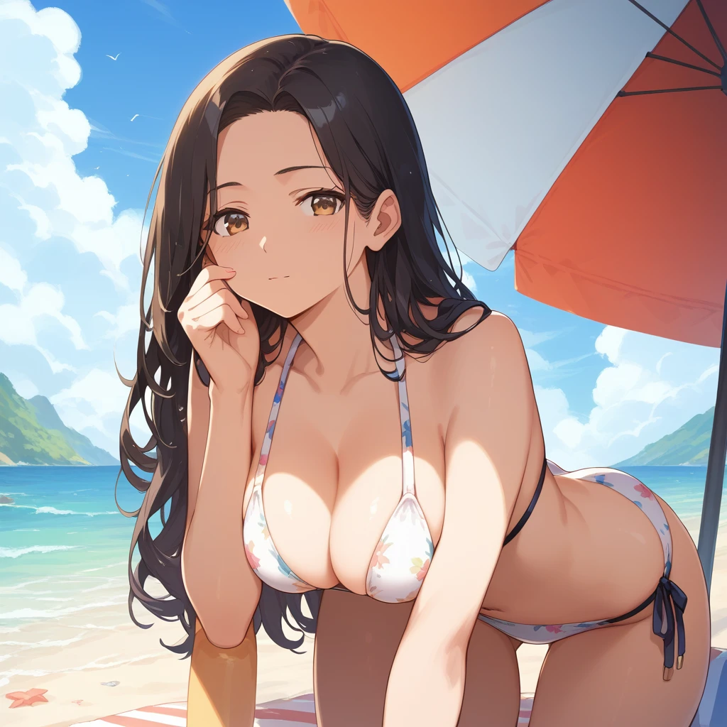 (score_9,score_8_up,score_7_up,score_6_up),masterpiece,best quality, source anime, rating_explicit, (((masterpiece))), (((best quality))), ((ultra-detailed)), ((illustration)), (1girl), (beautiful Japanese woman), (long black hair), (brown eyes), (beach background), (wearing traditional bikini), (detailed face), (perfect anatomy), (detailed lighting front), (serene expression), (minimalist style),(cleavage:1.1), golden hour, (high contrast)