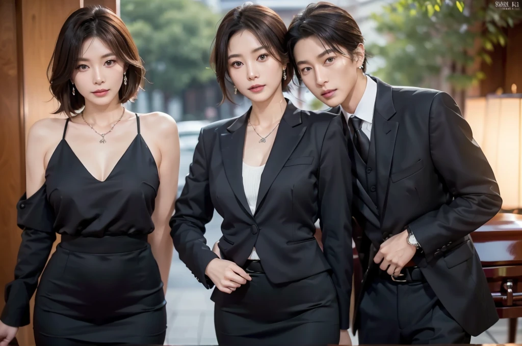 necklace, ring, watch, Earrings, (funeral:1.3), skirt, Black formal suit, whole body, slender, 40 year old Japanese, woman, Beautiful face, Highest quality, Ultra-high resolution, (realism: 1.4), Depth of written boundary, Beautiful Face, (Purelos Face_v1: 0.8), Two people, Natural Makeup,