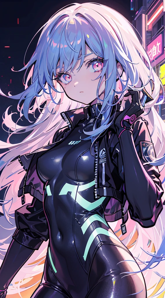 glowing eyes, colourful glowing hair, wearing sci-fi jacket, anime style, high detail, Futurism, glowing light, UHD, retina, masterpiece, ccurate, anatomically correct, textured skin, super detail, high details, high quality, award winning, best quality, highres