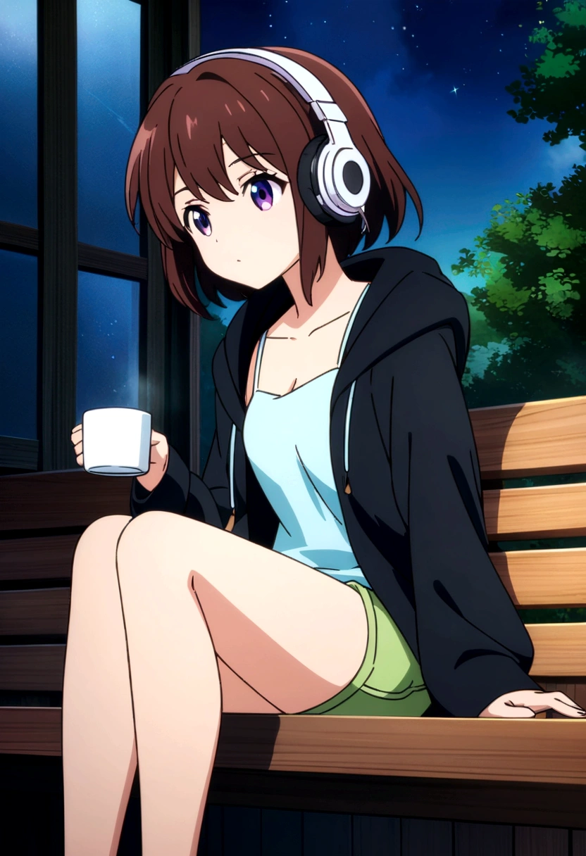 Anime girl sitting on a bench with a cup of coffee and looking at the night view outside the window, I have headphones on,Wearing a hoodie,camisole,Shorts,Anime Style 4k, 4k anime wallpaper, anime art wallpaper 4k, anime art wallpaper 4k, Anime Art Wallpapers 8K, anime wallpaper 4k, anime wallpaper 4k, Gweiz-style artwork, Enchanting anime girl, 4K Manga Wallpapers