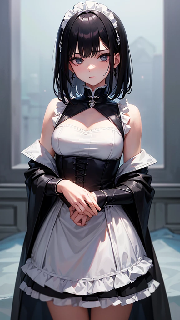 Masterpiece, Best quality, 1 Female,l, young girl, sister-like, blue eyes color, black short hair, resolute eyes, white and blue dress, white eardrop, frontal photo