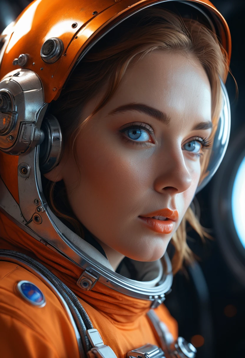 woman 25 years beautiful astronaut 1950 , deep blue eyes, clothes in orange color details in metallic white, cinematic, photo shoot, half backlight, backlight, dramatic lighting , Incandescent, Soft lighting, insanely detailed and intricate, hyper maximalist, arte no estilo de guweiz, elegant pose, dynamic, photography, volumetric , ultra detailed, intricate detail, super detailed obra-prima de guweiz, futuristic environment