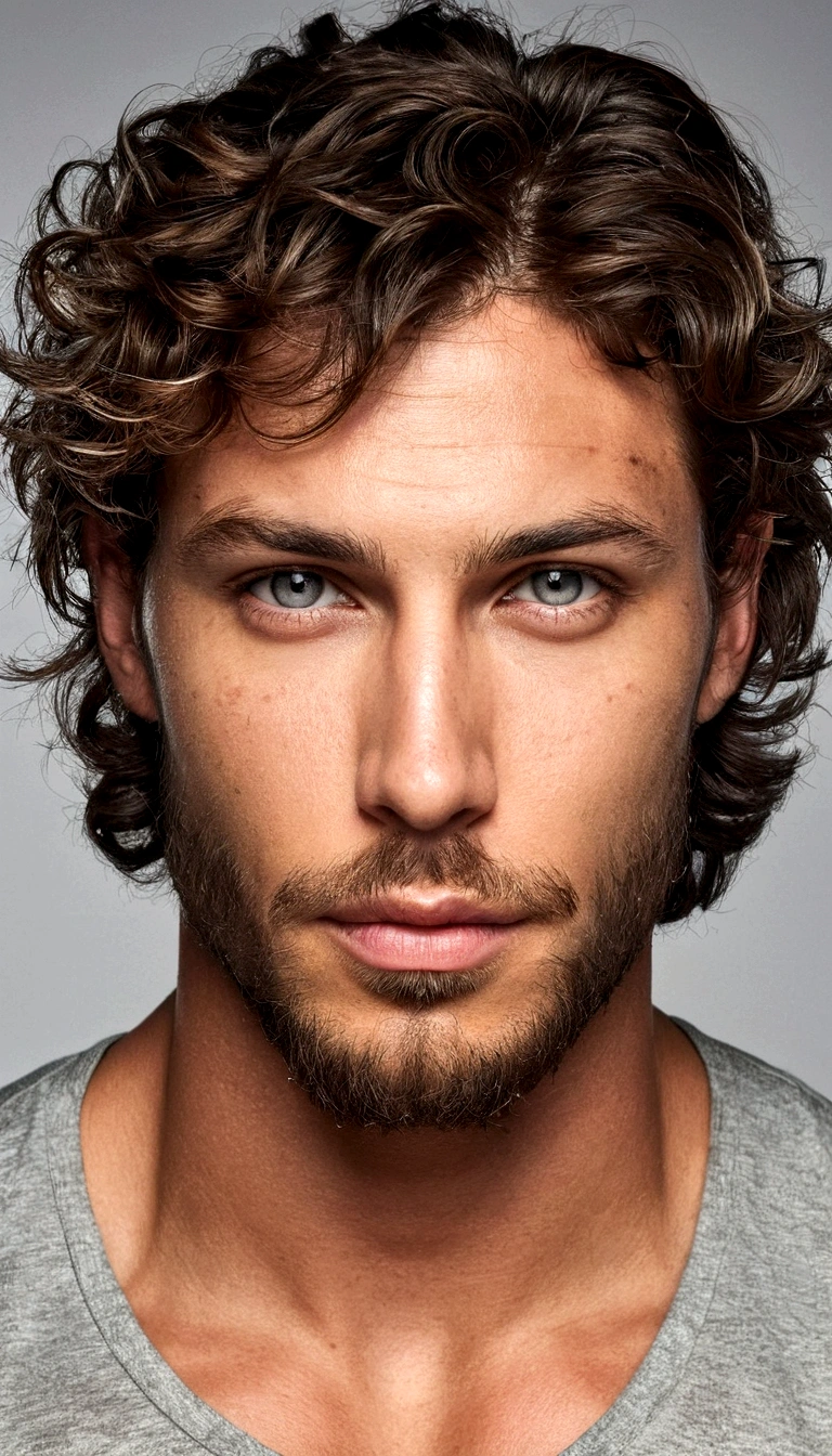 Portrait of a handsome male model, 26-year-old, with bare upper body, 3-day beard, with dark and messy wavy hair, super light-grey eyes, full lips, defined muscles, fit, Long shot, Ultra-highly detailed face, realistic, dimly light