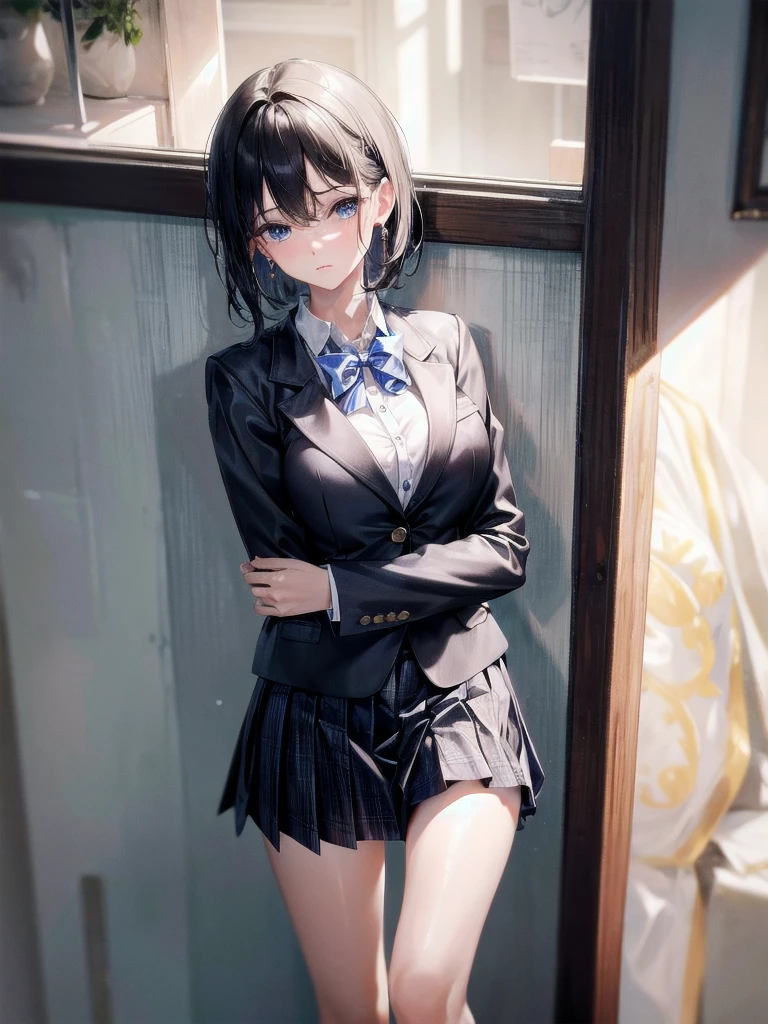 absurdres, RAW photo, extremely delicate and beautiful, masterpiece, Best Quality, ultra high resolution, 32k, hyperrealistic, ultra-detailed, in her 20s, delicate facial features, tearful mole, earring, medium breasts, full body shot, shorter middle hair, black hair, school_uniform, blazer,