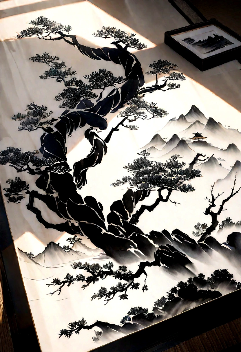 (Chinese landscape painting), (Ink Painting), (8k wallpaper), (Light and shadow effects), Octane Rendering, White balance design, 极其detailed的图像表现, Wide Angle, Depth of Field, masterpiece, Practical, Beautifully depicted, detailed, precise, masterpiece, masterpiece”