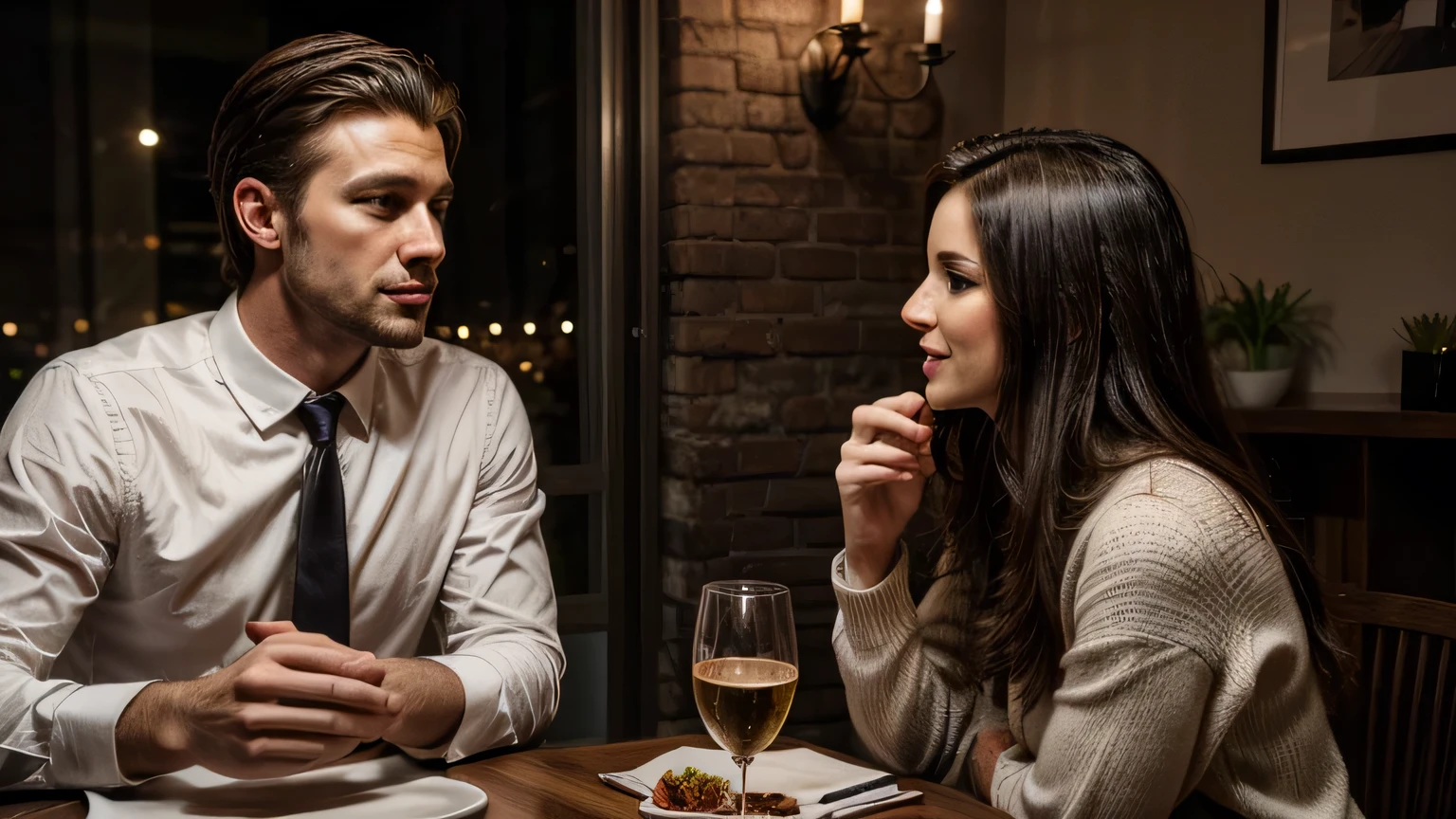 image of a handsome white man, 30years, chatting animatedly at a dinner with a pretty woman, 27 year old, dark-haired white