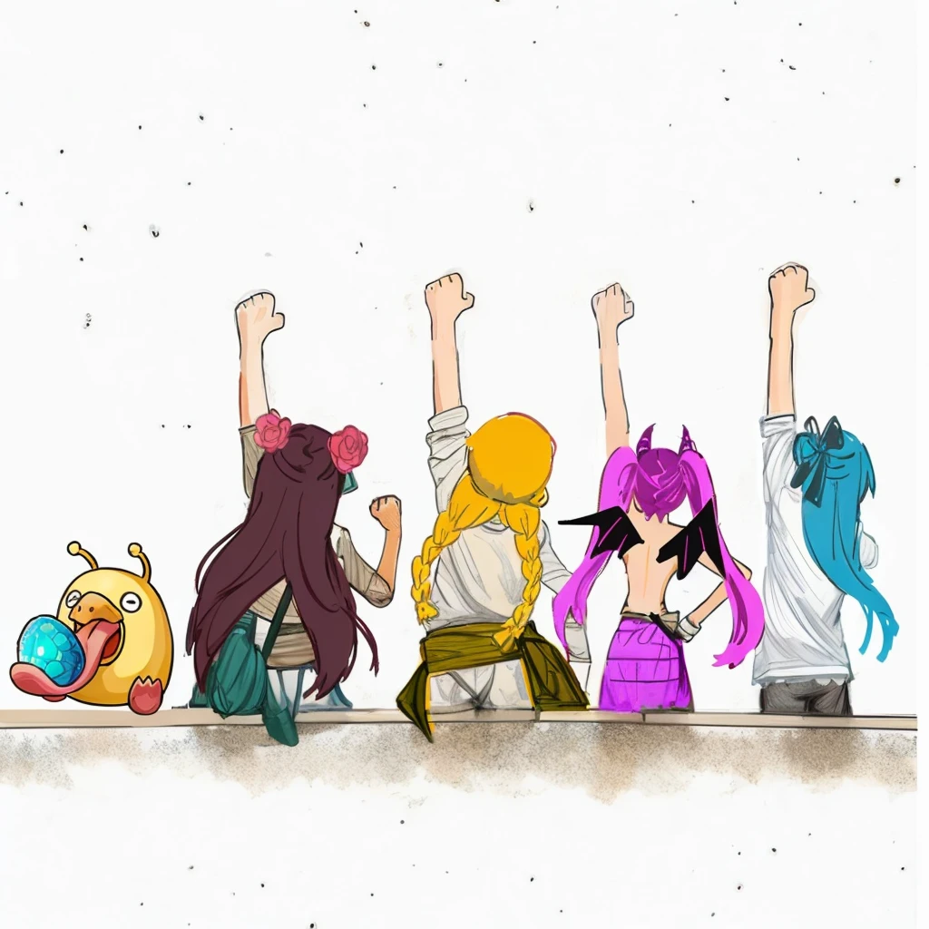 Manga illustrations　Raise your fist　Back view　fellow　Raise your arms　cool　Departure　pirate　men and women　Background white