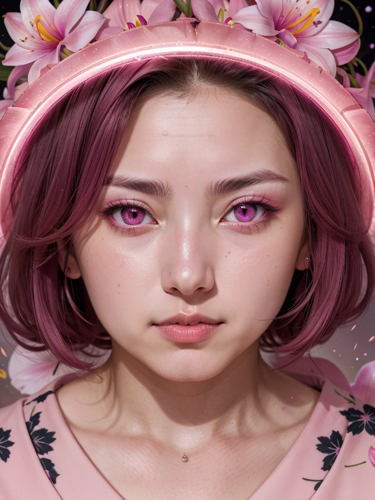absurdres, highres, ultra detailed, HDR, master piece, best quality, Kamado Nezuko, expressive pink eyes, Kimetsu No Yaiba, 1woman, extremely beautiful, pink petals, pink lilies, pink moon, fireflies