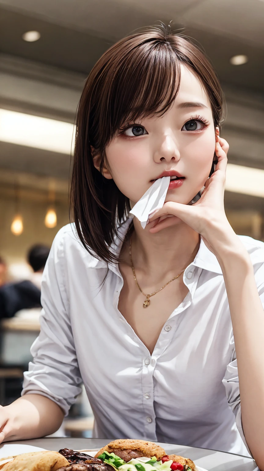 Beautiful young wife in the cafeteria、Super detailed、Particles of light:0.5、Shiny and smooth skin texture、Cheating with the Master、Beautiful clear eyes、Secret Love Affair、Sex in Hiding、Mouth half open、Natural Texture、Short Hair、、Mature slender beauty、Small breasts、Dignified face、Boyfriend Shirt