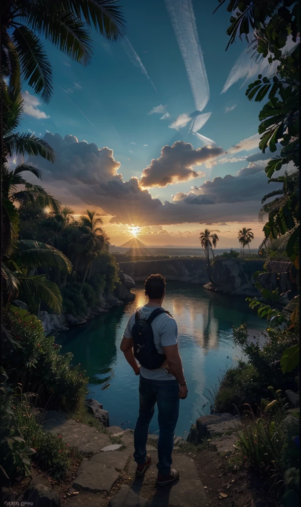 photorealistic landscape, natural landscape, naturey, Beleza Da naturey, Golden Sunset, Sky, Sky Power, Detailed Realistic Sunset, palmtrees, mountainscape, rivers of water, Sunset realism, Árvores naturey, Alone Men, man on his back, Man's Back, panorama, Alpha Male, Path to Heaven, heavenly, Detailed Realistic Image 8K, 16K Photorealistic Contrast, 8K Photorealistic Sharpness, 4K Photorealistic Cores, 16K Photorealistic Shadows, 8K Photorealistic Textures, 16K Photorealistic Texture, 4K Photorealistic Light, 4K PhotoRealism, FullHD 4K Detailed Contrast, detailed sharpness FullHD 8K, detailed sharpness FullHD 4K, detailed sharpness, 2K Detailed Colors, lifelike colors, FullHD Detailed Shadows, 4K Detailed Textures, detailed texture, padoru, Natural Beauty, chic 
