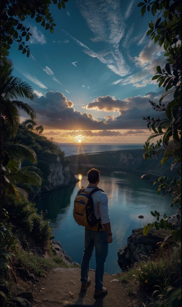 photorealistic landscape, natural landscape, naturey, Beleza Da naturey, Golden Sunset, Sky, Sky Power, Detailed Realistic Sunset, palmtrees, mountainscape, rivers of water, Sunset realism, Árvores naturey, Alone Men, man on his back, Man's Back, panorama, Alpha Male, Path to Heaven, heavenly, Detailed Realistic Image 8K, 16K Photorealistic Contrast, 8K Photorealistic Sharpness, 4K Photorealistic Cores, 16K Photorealistic Shadows, 8K Photorealistic Textures, 16K Photorealistic Texture, 4K Photorealistic Light, 4K PhotoRealism, FullHD 4K Detailed Contrast, detailed sharpness FullHD 8K, detailed sharpness FullHD 4K, detailed sharpness, 2K Detailed Colors, lifelike colors, FullHD Detailed Shadows, 4K Detailed Textures, detailed texture, padoru, Natural Beauty, chic 