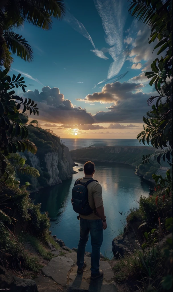 photorealistic landscape, natural landscape, naturey, Beleza Da naturey, Golden Sunset, Sky, Sky Power, Detailed Realistic Sunset, palmtrees, mountainscape, rivers of water, Sunset realism, Árvores naturey, Alone Men, man on his back, Man's Back, panorama, Alpha Male, Path to Heaven, heavenly, Detailed Realistic Image 8K, 16K Photorealistic Contrast, 8K Photorealistic Sharpness, 4K Photorealistic Cores, 16K Photorealistic Shadows, 8K Photorealistic Textures, 16K Photorealistic Texture, 4K Photorealistic Light, 4K PhotoRealism, FullHD 4K Detailed Contrast, detailed sharpness FullHD 8K, detailed sharpness FullHD 4K, detailed sharpness, 2K Detailed Colors, lifelike colors, FullHD Detailed Shadows, 4K Detailed Textures, detailed texture, padoru, Natural Beauty, chic