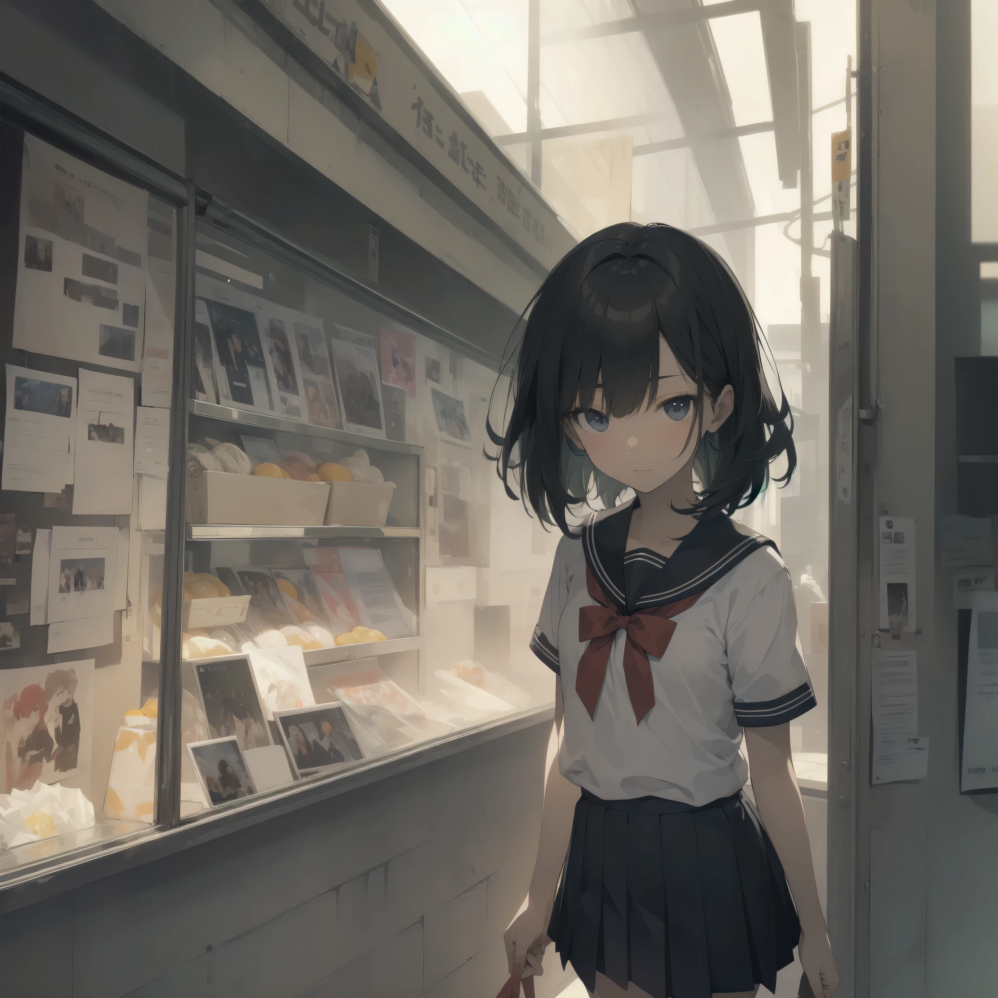 ultra-absurdres-Top quality by artist God, ultra-detailed, high resolution, anime moe artstyle, best anime 8k konachan wallpaper, pixiv contest winner, pool:2810, perfect anatomy,break, 1girl, (Please draw a girl walking sleepily to school alone. )break,(Solo,little female, 13-year-old:1.3),Full limbs, complete fingers,a junior high school student, (very short hair), short cut, flat chest, , small butt, small black eyes, beautiful detailed eyes, well-proportioned iris and pupils, expressive eyes, highres detailed hair, soft expression, salor school_uniform, sailor collar, serahuku, bow, pleated skirt,(Detailed Lighting), (Detailed background), in the School commute route. break,super detailed skin, Best cinematic lighting powered by famous artist, 8k,beauty illustration,photoshop_(medium),very aesthetic,break,((artist:kitsunerider  )), artist:clamp ,artist:carnelian ,artist:kantoku ,
