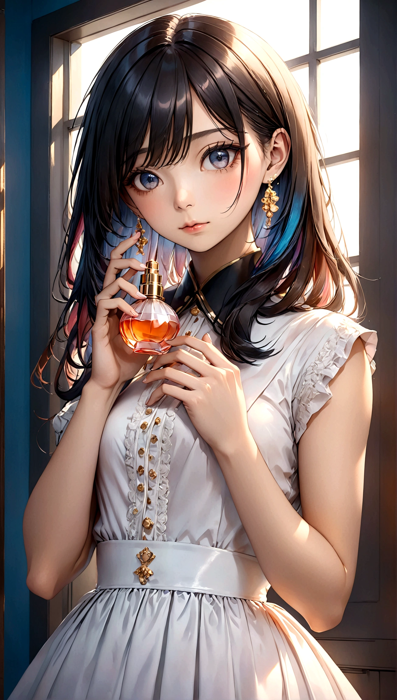 8K portrait of a beautiful young woman in a J-POP style, putting on her favorite perfume before going out, extremely detailed, high quality, ultra-high resolution, photorealistic, masterpiece, cinematic composition, trending on ArtStation