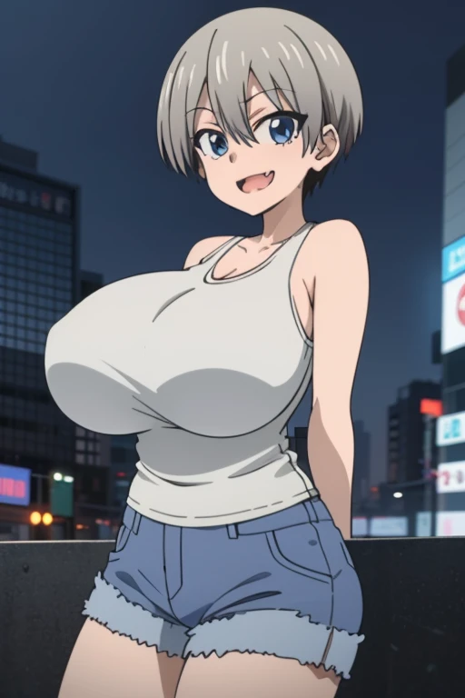 best quality, high resolution, city, tokyo,1girl, huge enormous massive gigantic big large fat breasts, 1girl,short hair,blue eyes,bangs,skin fang,grey hair,fang,hair between eyes, smile, looking at viewer, cowboy shot, tanktop, denim mini shirts