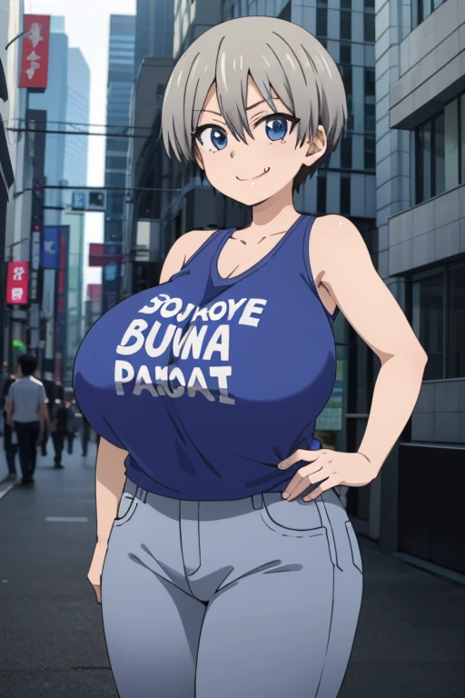 best quality, high resolution, city, tokyo,1girl, huge enormous massive gigantic big large fat breasts, 1girl,short hair,blue eyes,bangs,skin fang,grey hair,fang,hair between eyes, smile, looking at viewer, cowboy shot, tanktop, denim mini shirts