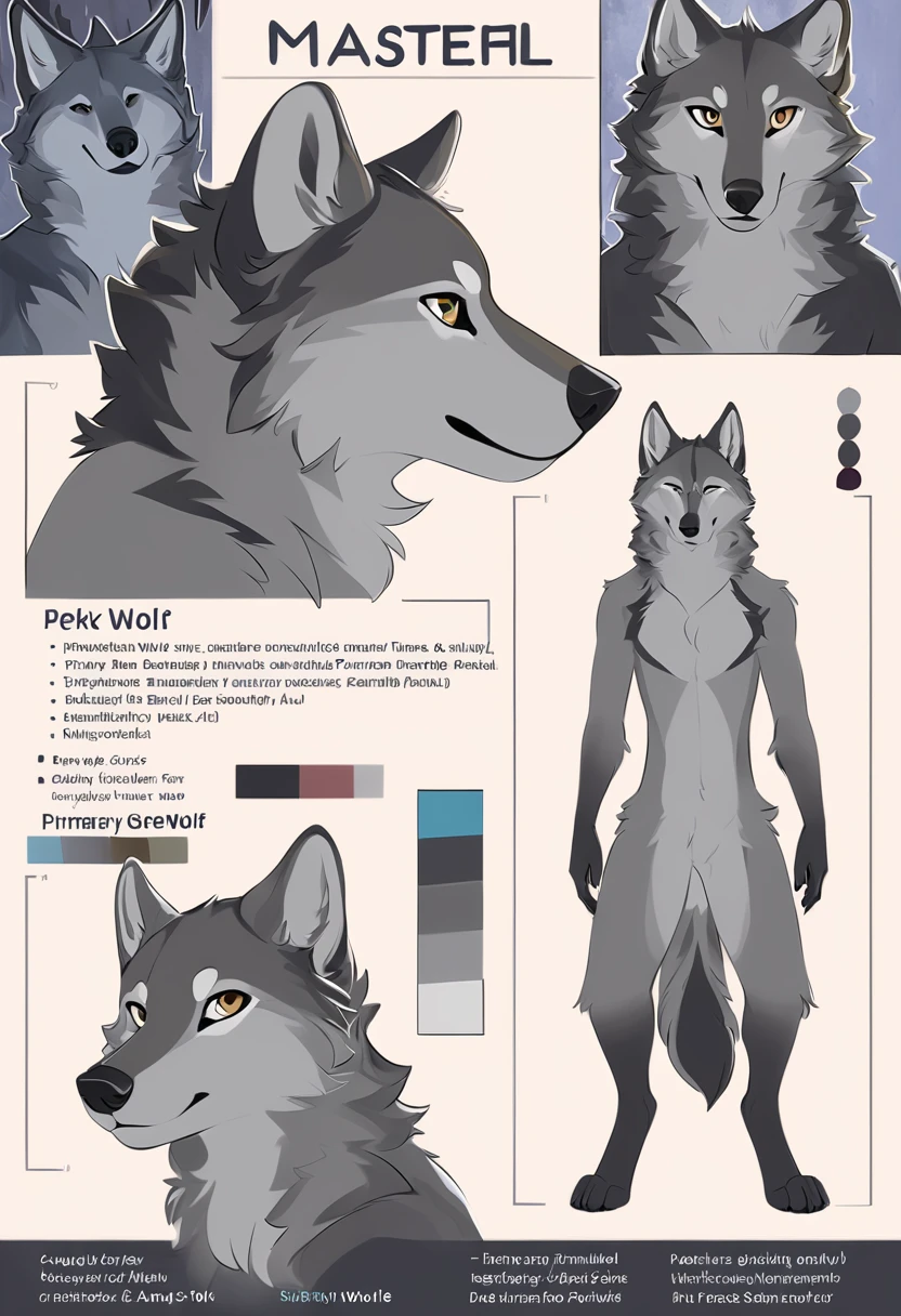 Solo, male, furry art, furry grey wolf, fursona, (((grey primary fur))), white secondary, (perky ears), reference sheet, amazing simple art, masterfully executed, beautiful background, normal body, paws hands, cool pose.