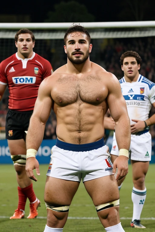 25 years old,A man , rugby player , muscular Italian ,with your friends , atrnas abiertas , short shows his member ,Thick hair on chest , on the playing field, moustache,Masterpiece,High Definition,at,Socks ,