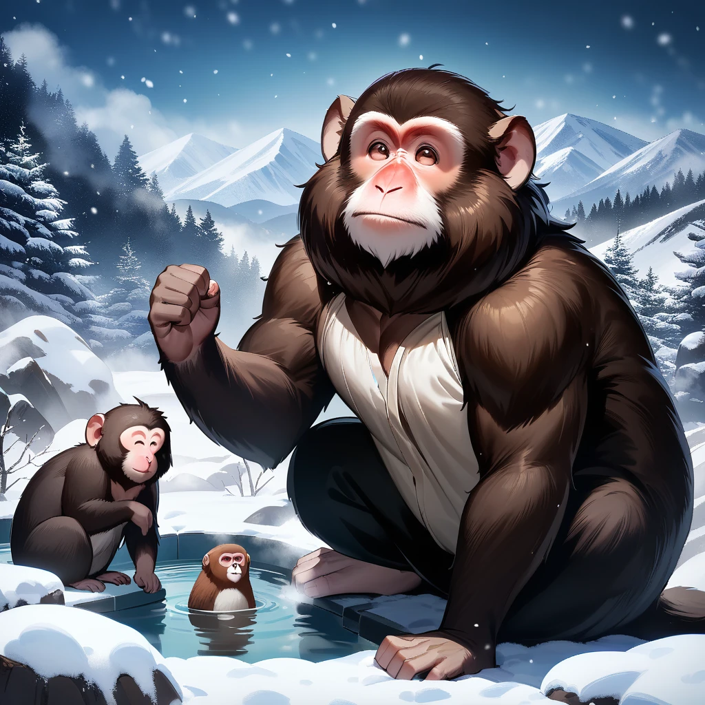 Masterpiece, best quality, very aesthetic, absurdres, create an image of anime male character and landscape in comedy shounen art style. up in the middle of dark high mountain, with blizzard snow and freezing temperatures, there are no shelter to be found. there is only a tiny hot spring available only. our male hero, wearing swimming trunk, and a Japanese macaque, its fur fluffed against the cold, ready to square off, for a dip into the hot spring to keep warm