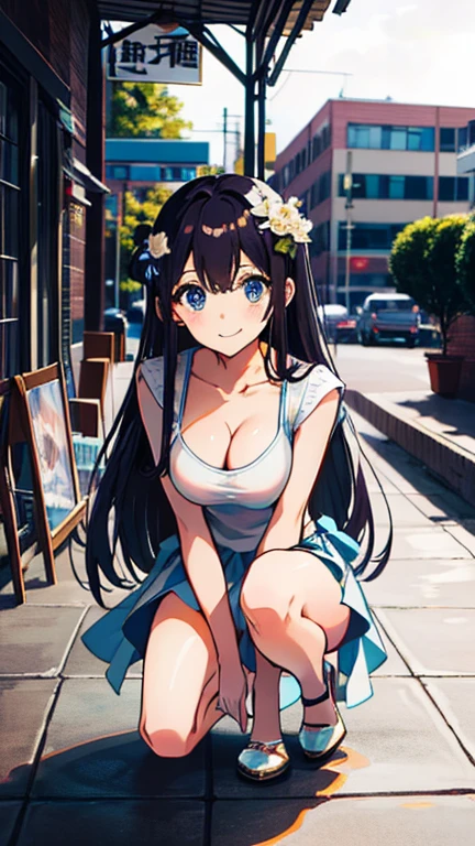 masterpiece, Highest quality, One Girl, Thighs, beautiful girl, Flowers, たくさんの小さなflower, flower、Tight waist, RAWphotograph,Bright lighting、Face Light, Ultra-realistic, High resolution, photograph, Sharp focus, Highly detailed eyes and face,Symmetrical face, whole body、Big Breasts、Long Hair、チラリと見えるThighs、Emphasized cleavage、Her hair was tied with a big red ribbon.....、White high heels、White knit、Embarrassing、smile、High Jump