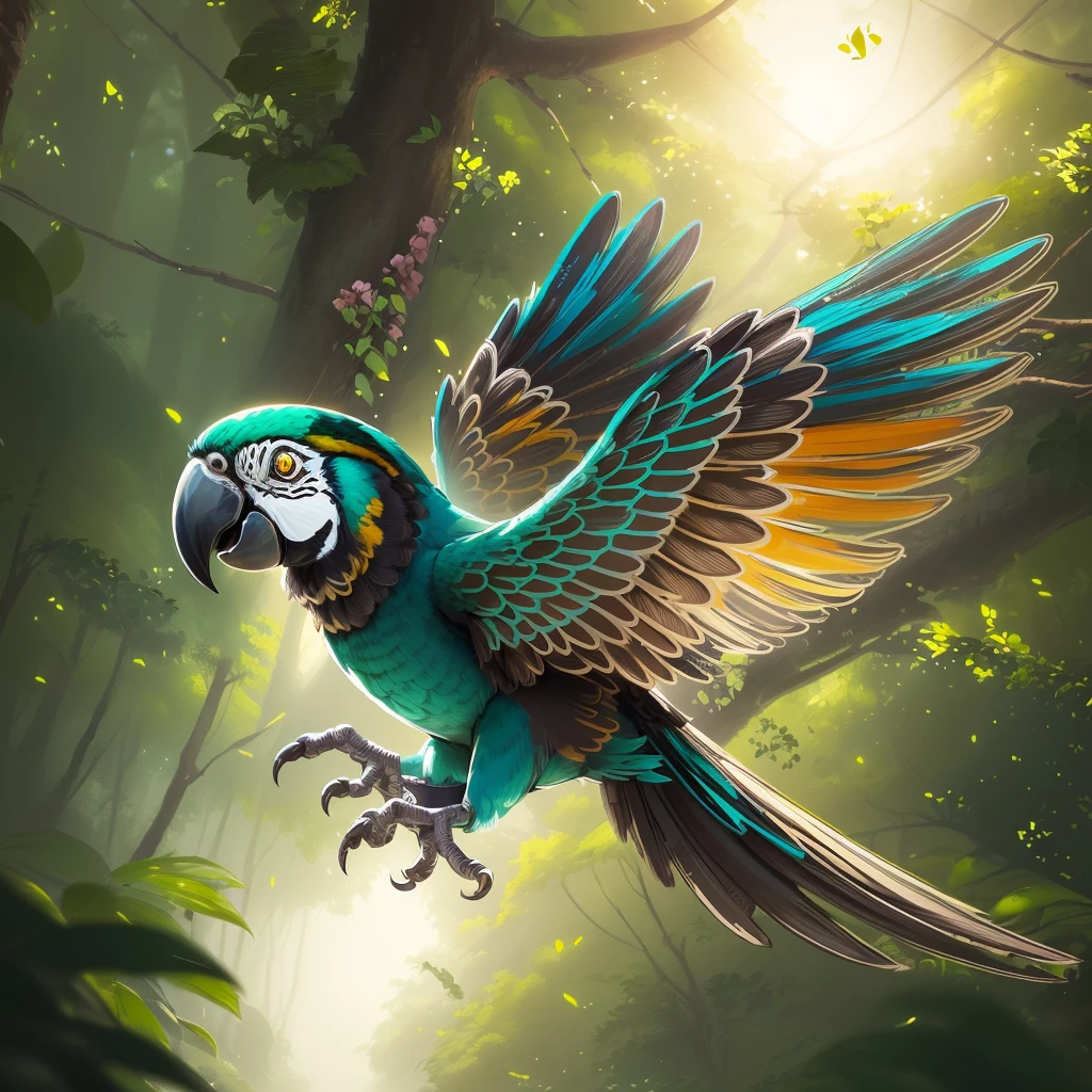 brightly colored parrot flying in the air in a forest, ethereal macaw, rare bird in the jungle, parrot, background artwork, pararel, colorful plumage, digital painting highly detailed, flying around the bird, tropical birds, colorful bird with a long, birb, detailed painting 4 k, cute detailed digital art, mobile game art, colorful hd picure