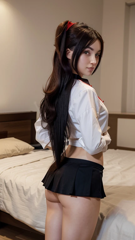 high tail hairstyle, Horse tail, Long wavy black hair, standing posing, anime girl style, pixel art anime style,penetrating look with deep eyes,red and purple eyes, hair with a ponytail hairstyle caught with a red bow, Women, red hair clips, black hat, short white shirt, mini skirt, smiling face blush, standing in his bedroom, next to his bed, lifting her skirt